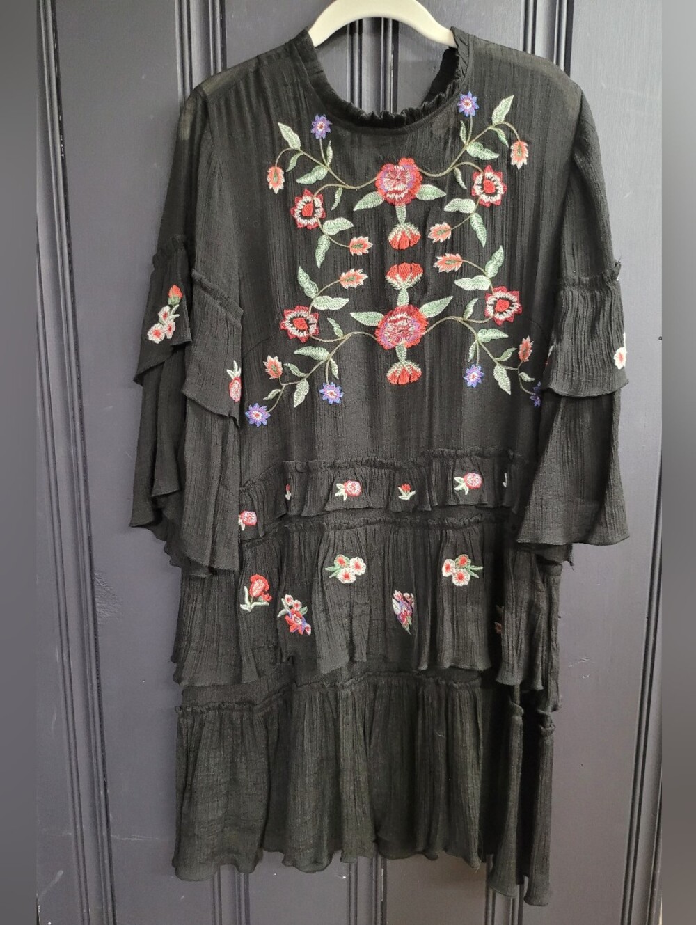 Floral Embroidered, Tiered Midi Dress